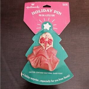 HALLMARK 1995 CHRISTMAS PIN Holiday BARBIE Red Dress LAPEL/BROOCH Mattel Vintage